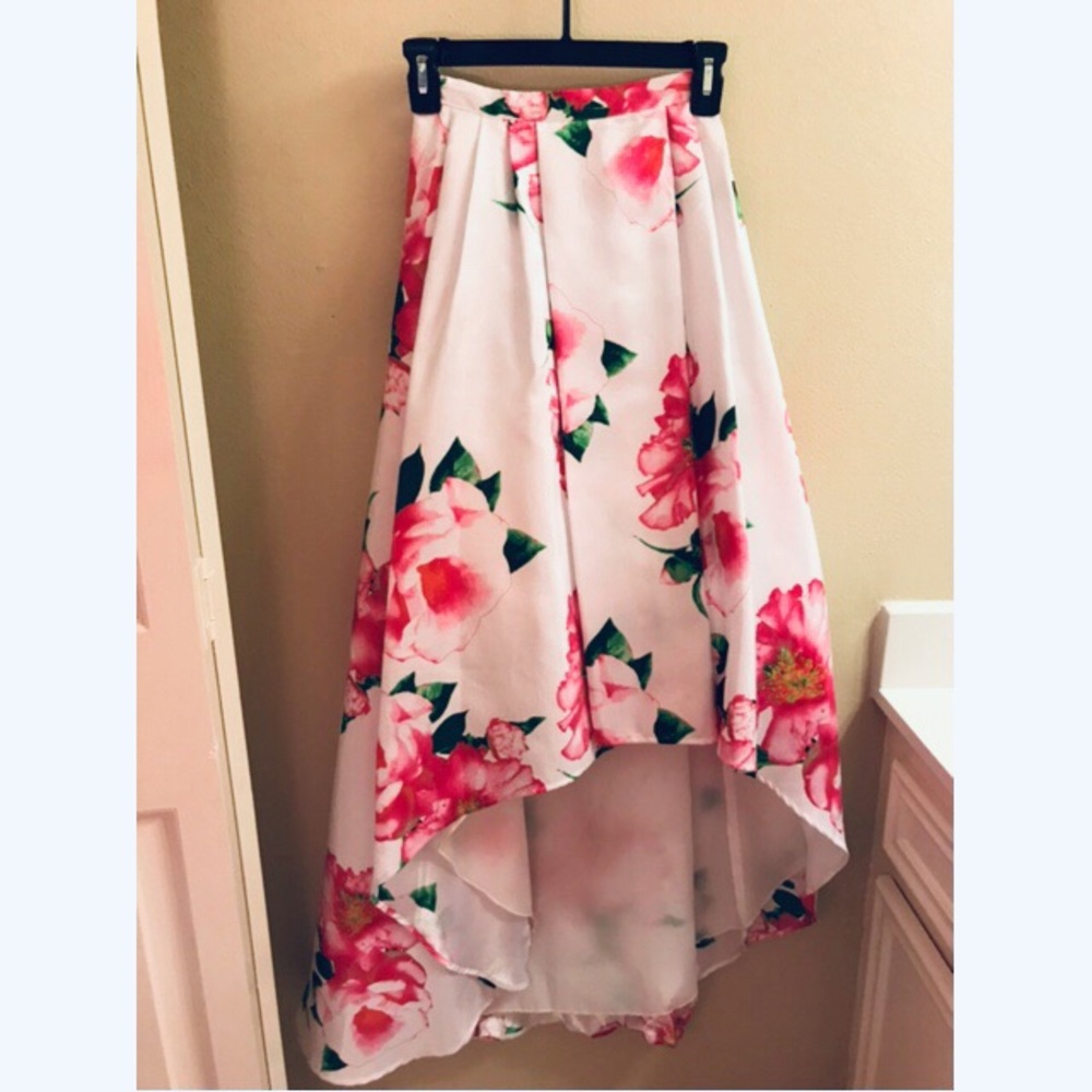 White floral skirt.